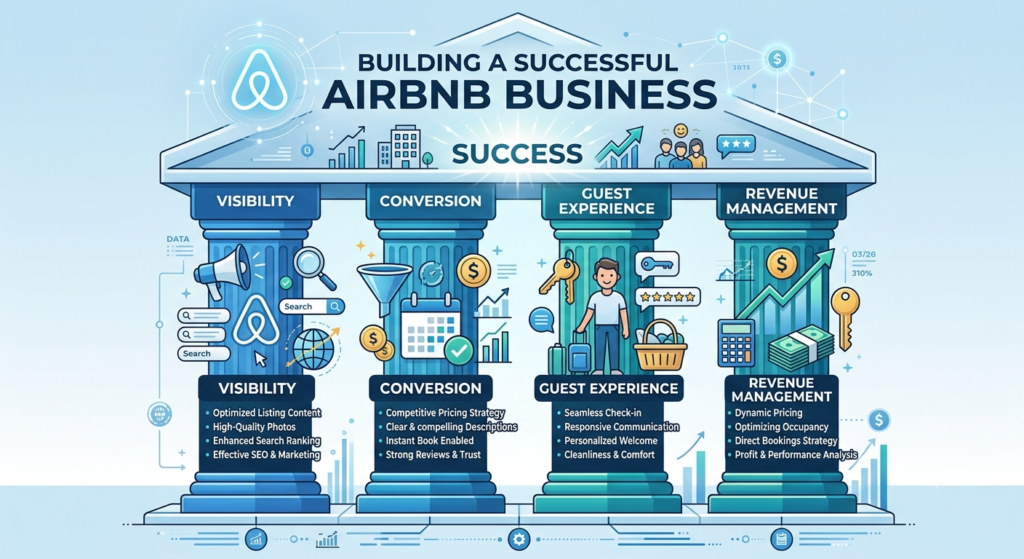 Four essential pillars of successful Airbnb growth including visibility, guest experience, conversions, and revenue