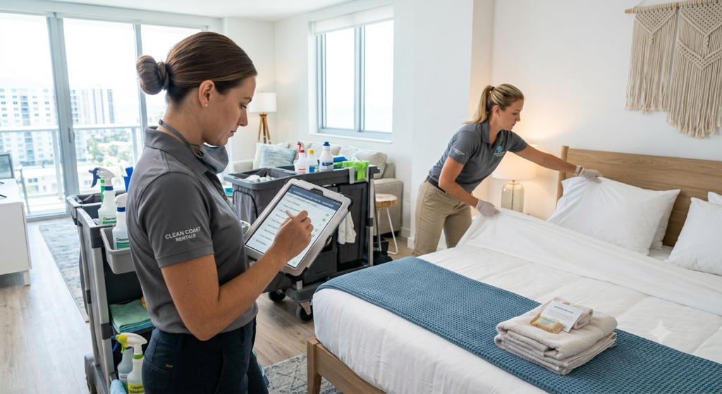 Cleaning team managing peak season turnover for vacation rental property